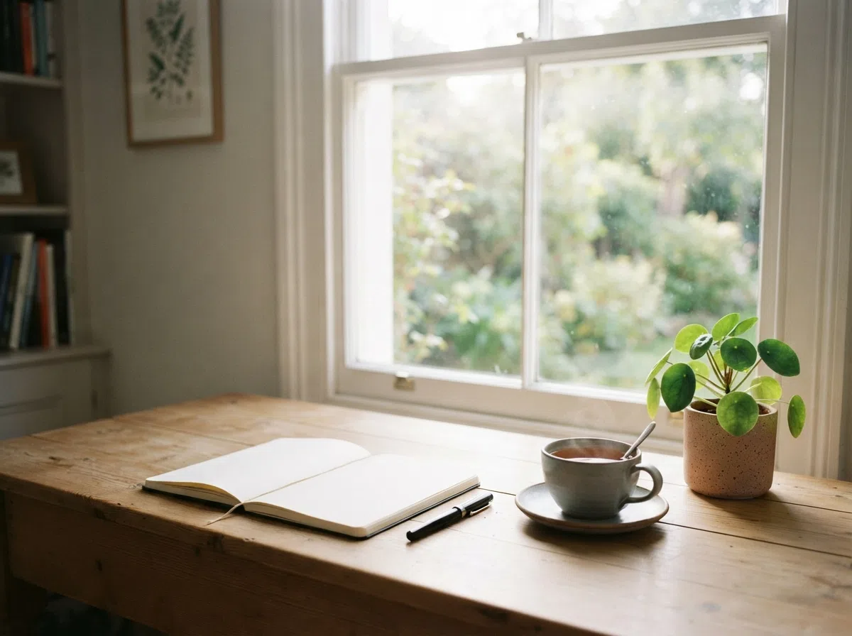 Organized workspace with notebook, plant, and wellness items